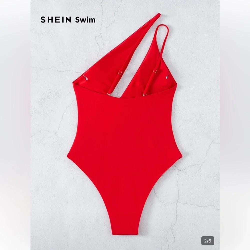 SHEIN Red One-Shoulder Deep V One-Piece Swimsuit - Picture 3 of 6